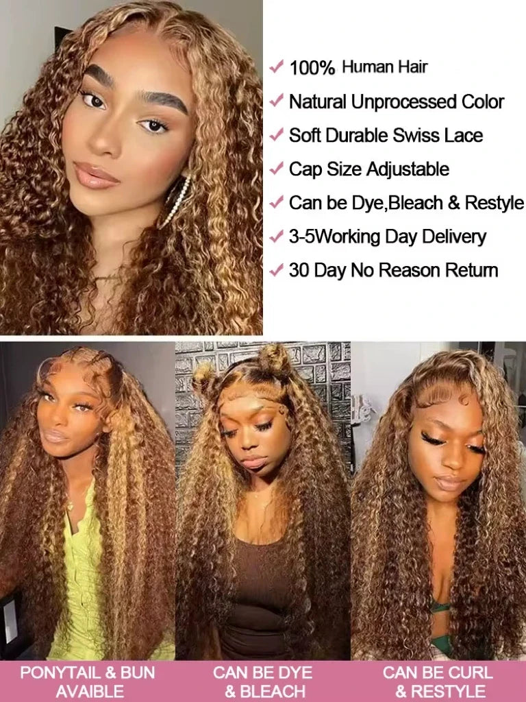 250% Highlight Deep Wave 13x6 Hd Lace Frontal Wig Human Hair Pre Plucked 30 40 Inch Brown Ombre Curly Water Wave human hair wigs