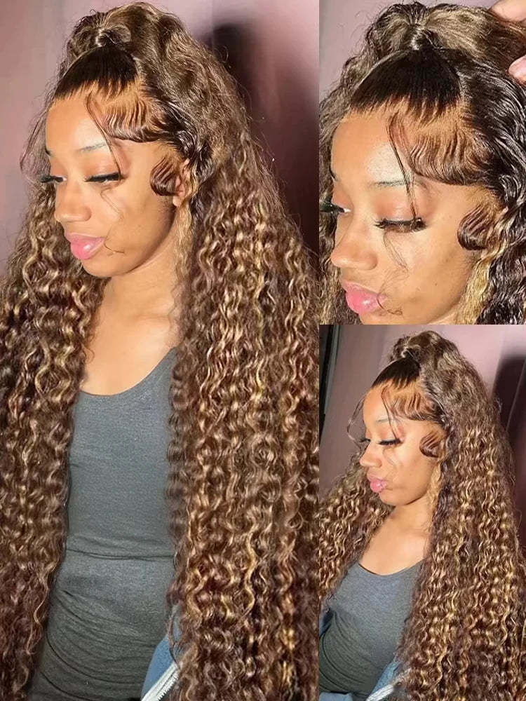 250% Highlight Deep Wave 13x6 Hd Lace Frontal Wig Human Hair Pre Plucked 30 40 Inch Brown Ombre Curly Water Wave human hair wigs