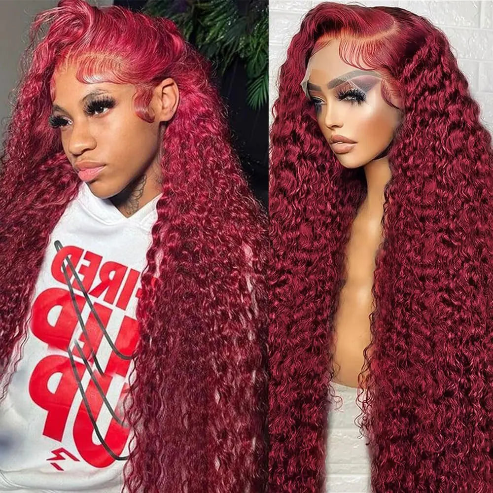 30 Inch Burgundy 99j Deep Wave Frontal Wig Colored Curly Human Hair Wigs 200 250 Density 13x4 Hd Lace Frontal Human Hair Wigs