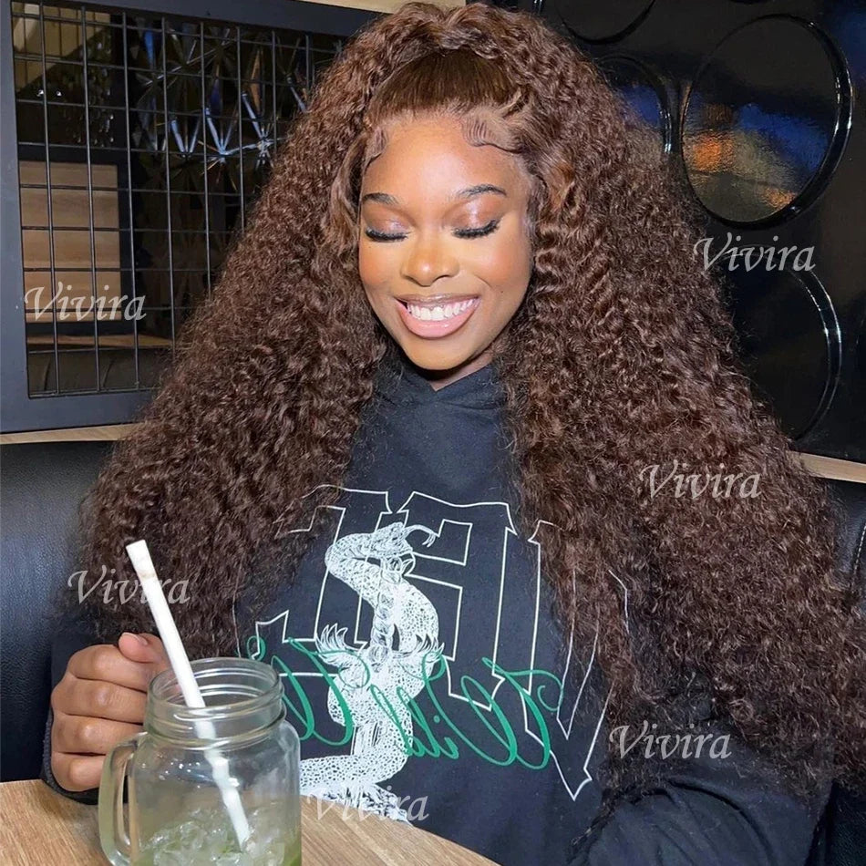 Chocolate Brown Human Hair Wig Colored Curly Human Hair Wig 30 32 Inch 13x4 Deep Wave Lace Front Wig 13x6 HD Lace Frontal Wig