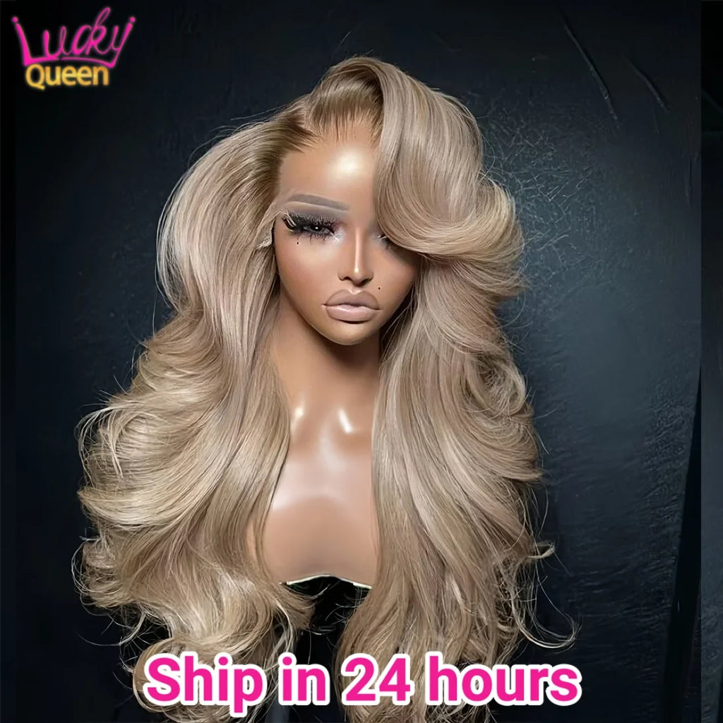 Ombre Blonde 13X4 Transparent Lace Front Human Hair Wig Brown Root Body Wave Ash Blonde 5X5 Closure Wig Pre Plucked