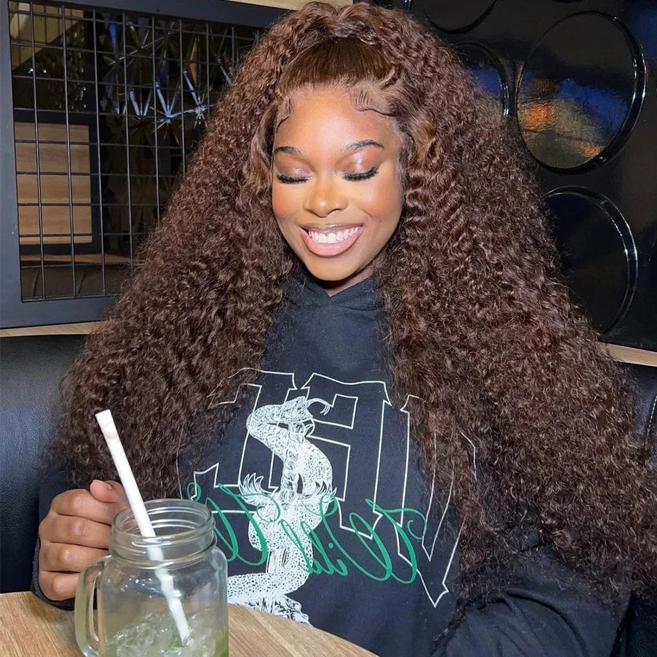 Chocolate Brown Human Hair Wig Colored Curly Human Hair Wig 30 32 Inch 13x4 Deep Wave Lace Front Wig 13x6 HD Lace Frontal Wig