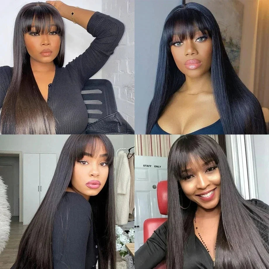 Straight Human Hair Wis 34 Inche Wigs With Bangs 3x1 Full Machine Made Human Hair Wigs For Women Natural Color 220% Density