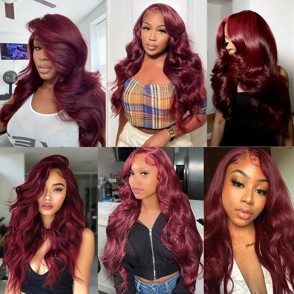 250% Density 99j Human Hair Wig 34 Inch Burgundy 13x4 HD Lace Frontal Body Wave Human Hair Wigs 100% Brazilian Human Hair