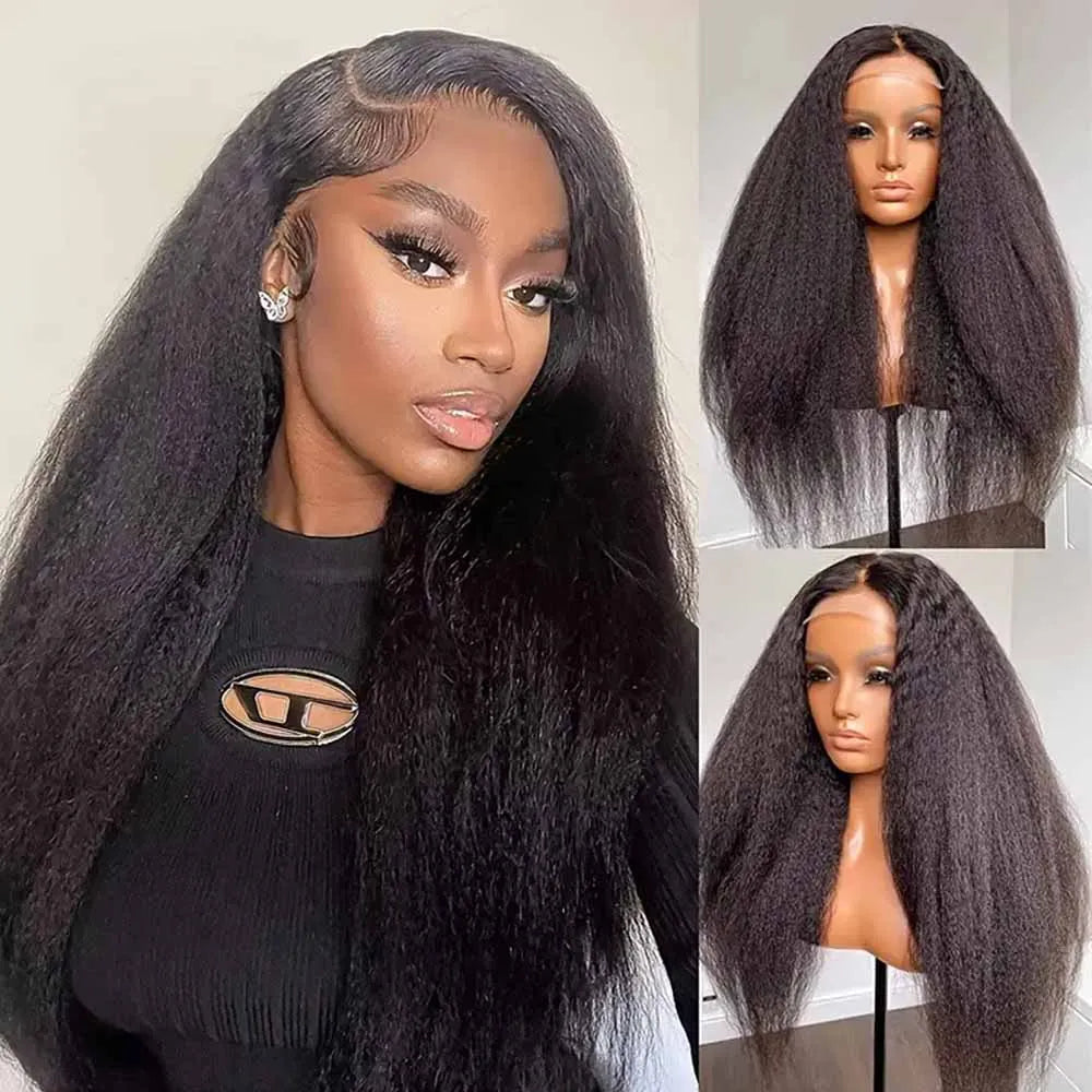 13x4 Kinky Straight Lace Front Human Hair Wig With Kinky Edges Baby Hair Glueless Yaki Straight HD Lace Frontal Wig 250% Denisty