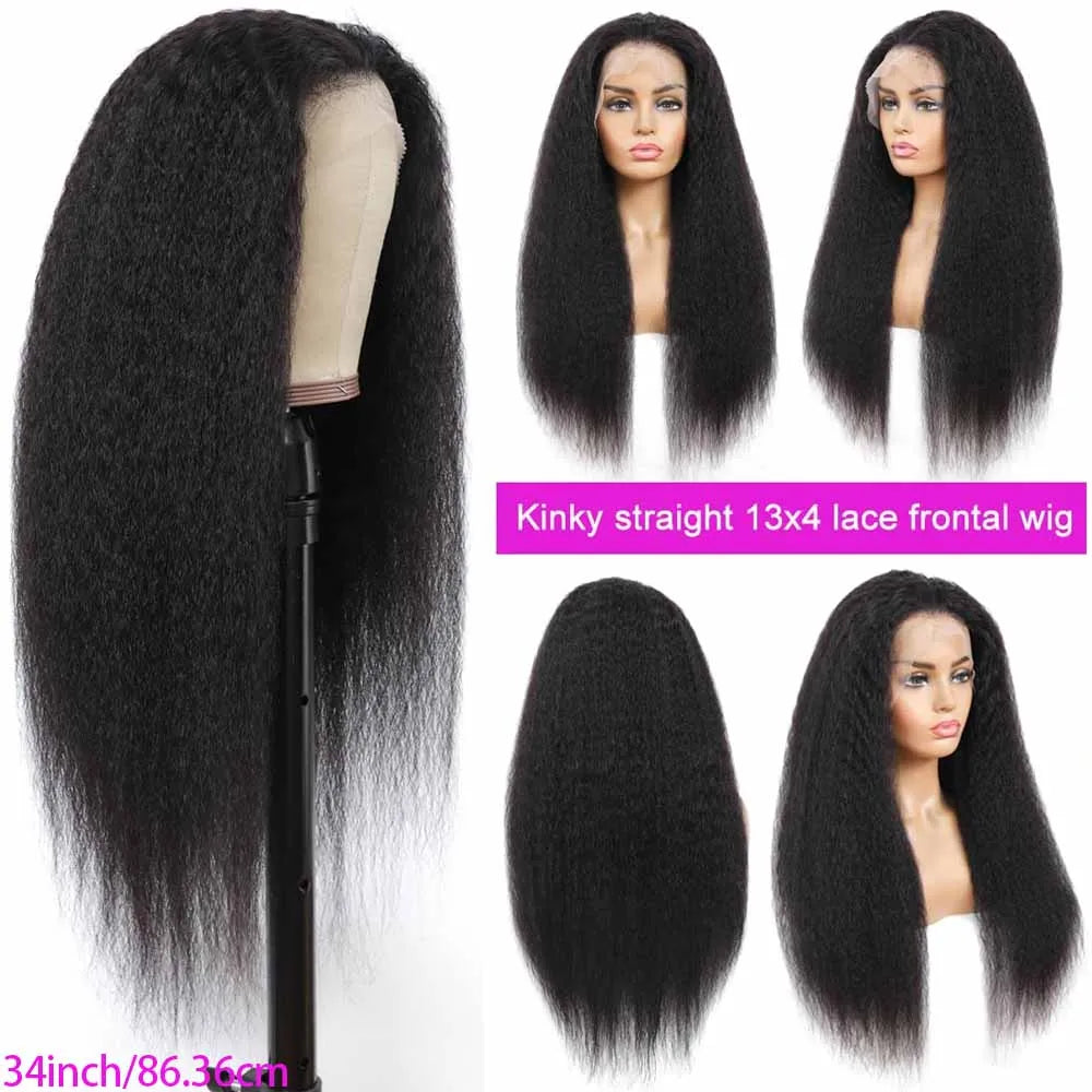 13x4 Kinky Straight Lace Front Human Hair Wig With Kinky Edges Baby Hair Glueless Yaki Straight HD Lace Frontal Wig 250% Denisty