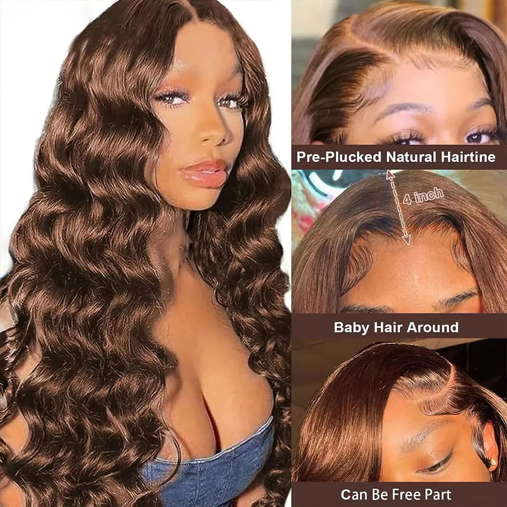 Deep Wave Chocolate Brown 13x4 Transparent Lace Frontal Wigs Human Hair 34 Inch  250% Density Loose Deep Curly Brown Colored Wig