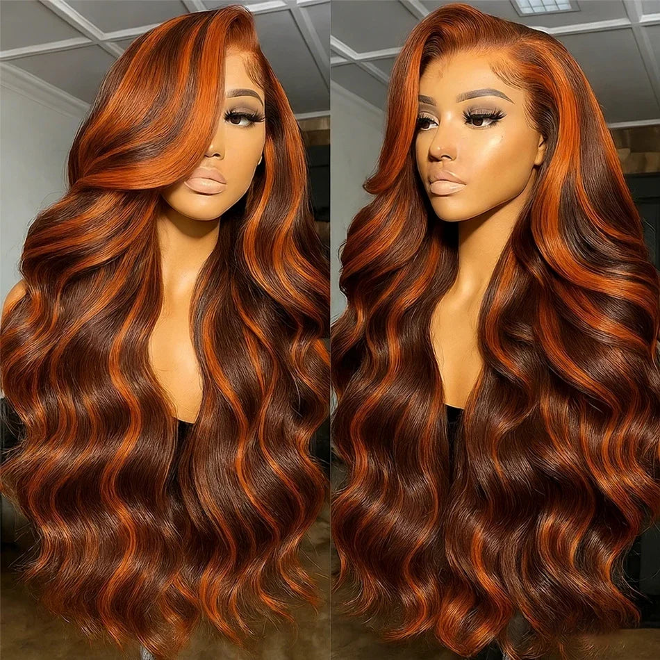 200% Density Ginger Brown Highlight Wig Human Hair Body Wave Lace Front Wigs Pre Plucked Ombre P1B/4 Ginger Orange Colored Wigs