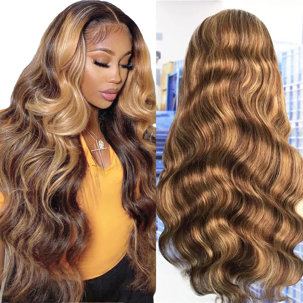 13x4 13x6 Hd Highlight Body Wave Lace Front Wig For Women Remy P4/27 Ombre Human Hair Lace Frontal Human Hair Wigs Choice Glue