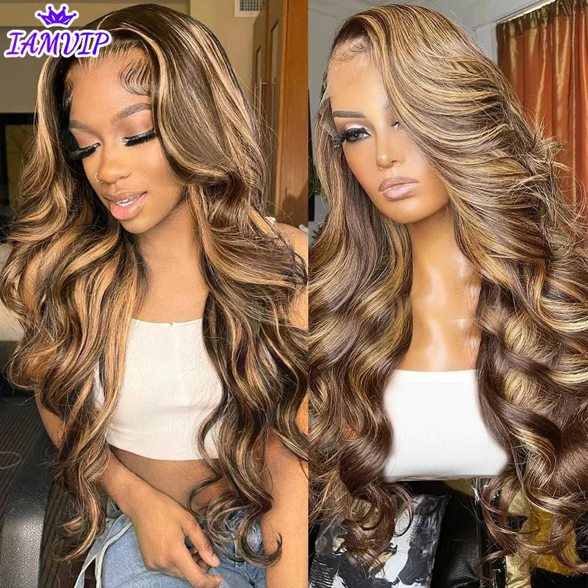 13x4 13x6 Hd Highlight Body Wave Lace Front Wig For Women Remy P4/27 Ombre Human Hair Lace Frontal Human Hair Wigs Choice Glue